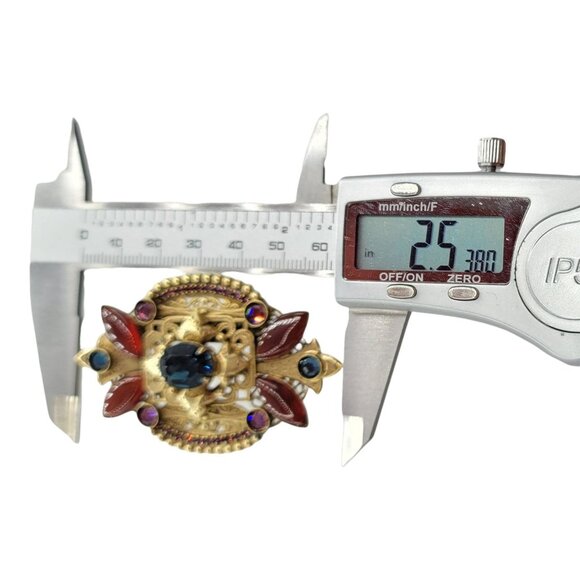 Sorrelli Goldtone Gripoix Nouveou Style, Rhinestone Brooch Signed - Picture 7 of 9